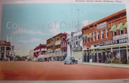 Postcard showing east side of the square. Coffey's Drugs is on the far right.